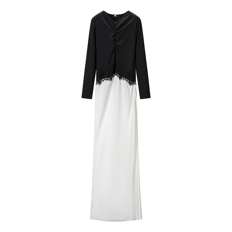 Damen Zweiton-Maxikleid mit geraffter V‑Passe, Spitzenbesatz und langen Ärmeln Drune