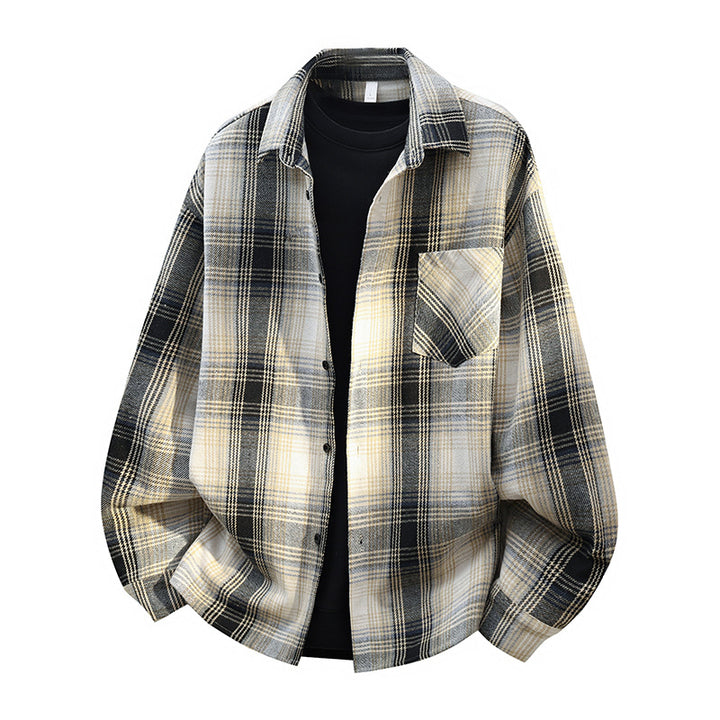 Herren Oversize karierte Flanellhemdjacke mit Brusttasche & abgerundetem Saum Drune