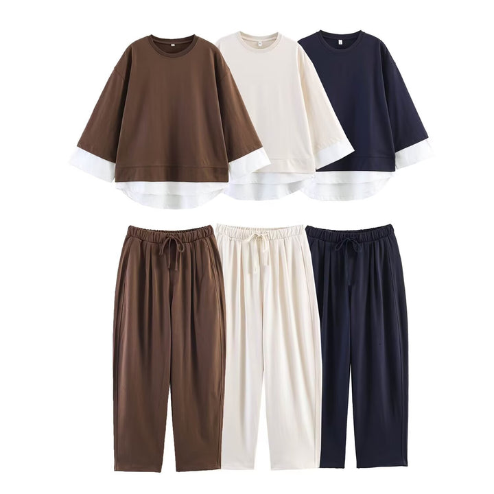 Damen Loungewear-Set aus weichem Jersey mit überlappendem Layer-Top und elastischer Highwaist-Hose Drune