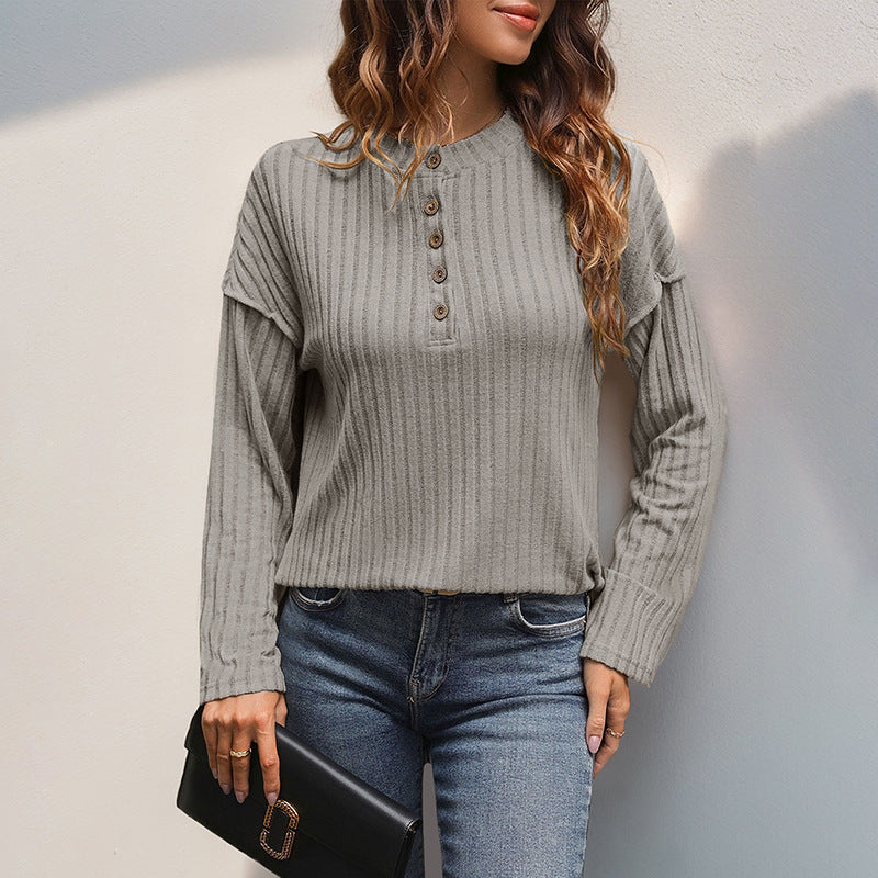 Damen Gerippter Henley-Pullover mit Knopfleiste und überschnittener Schulter Drune