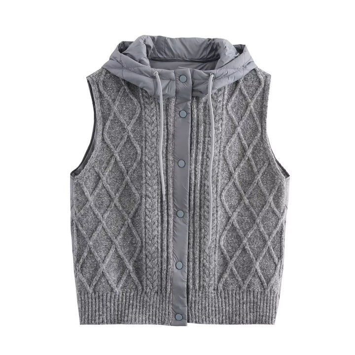 Damen Ärmellose Strickweste mit gesteppter Kapuze und Druckknopfleiste Drune