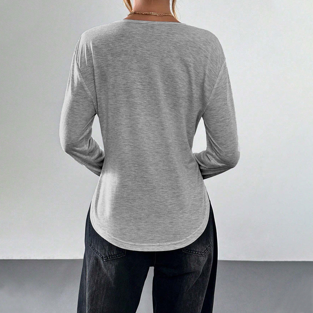 Damen legeres V-Ausschnitt Langarmshirt mit offenem Kragen, weichem Jersey und abgerundetem Saum Drune