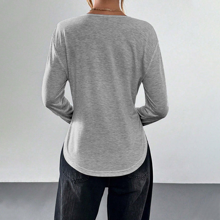 Damen legeres V-Ausschnitt Langarmshirt mit offenem Kragen, weichem Jersey und abgerundetem Saum Drune