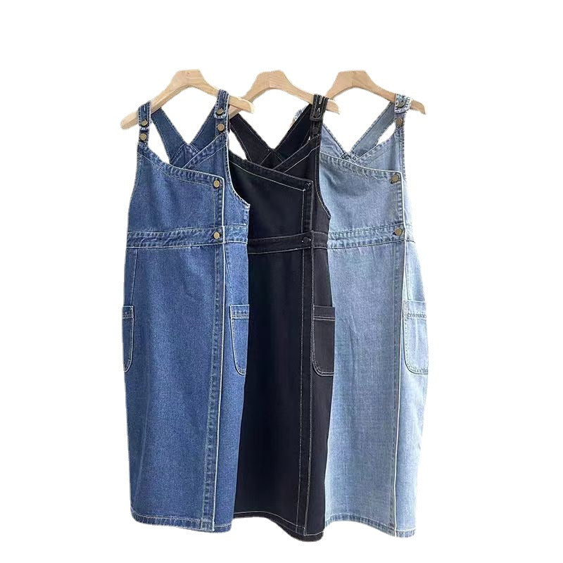 Damen Kreuz-Rücken Denim Latzkleid Drune