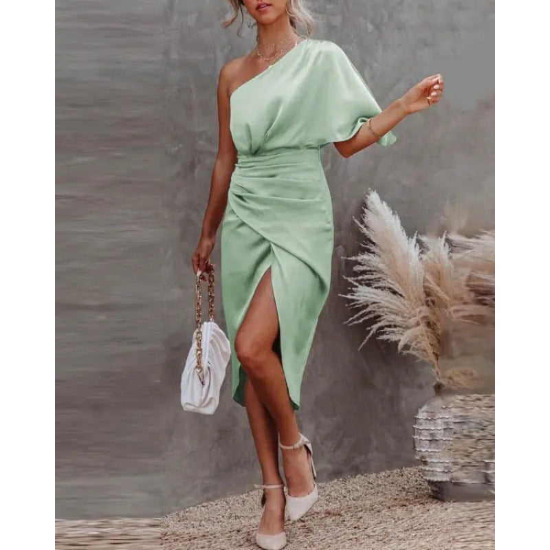 Damen schickes, asymmetrisches Abendkleid mit elegantem Schlitz und raffinierter Drapierung Drune