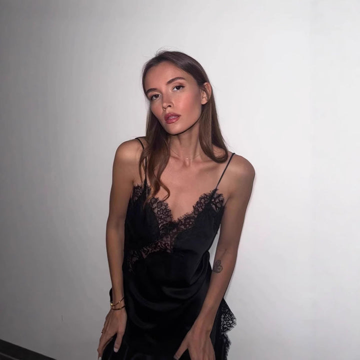 Damen Spitzenverziertes Seidenslipkleid Drune