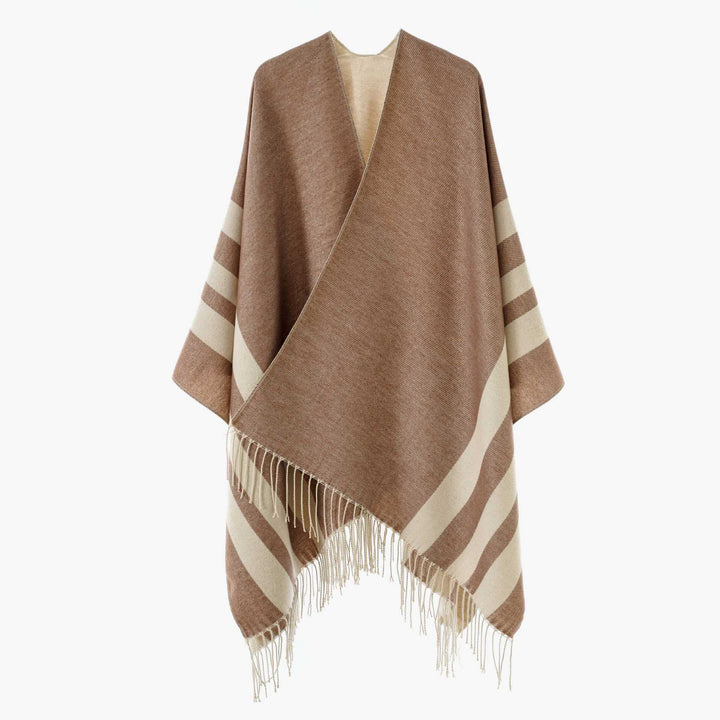 Damen Großer Wollmix Fransenponcho mit diagonalen Kontraststreifen Drune