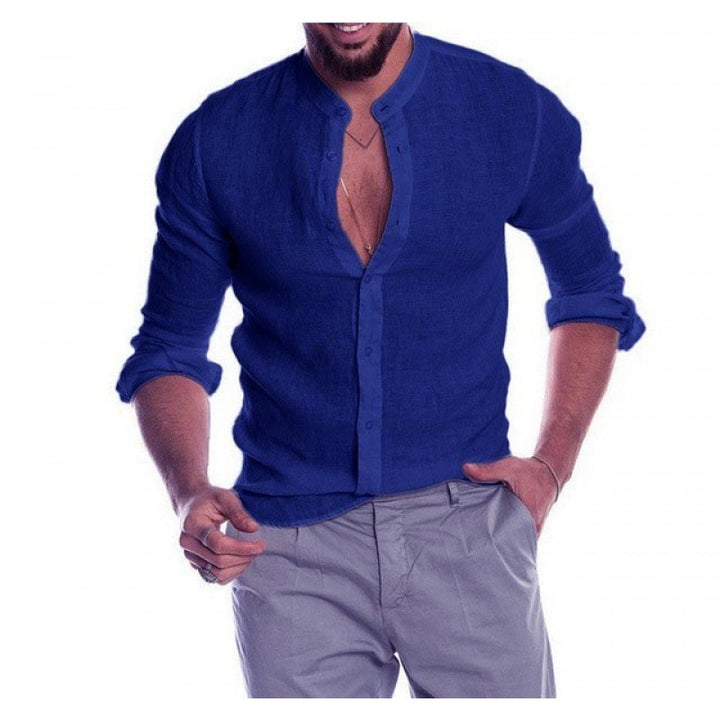 Herren Leichtes Leinenhemd mit Stehkragen, Slim-Fit und durchgehender Knopfleiste Drune