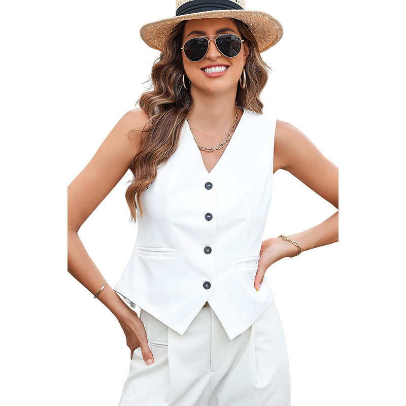 Damen ärmellose Bluse mit elegant schmalem Schnitt und Knopfleiste Drune