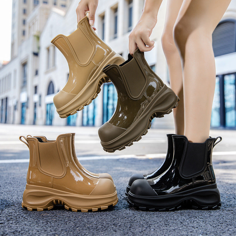 Damen Plateau-Gummistiefelette im Chelsea-Stil mit robuster Lug-Sohle Drune