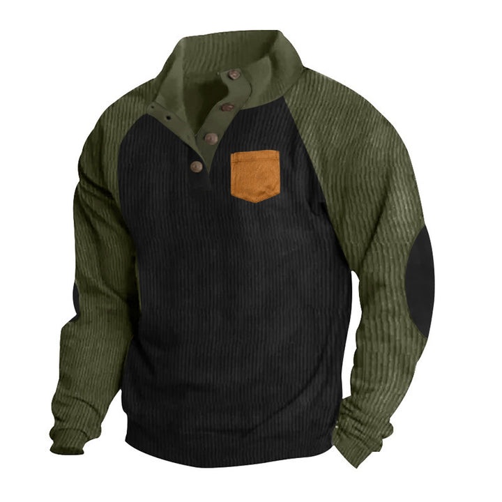 Herren Geripptes Henley‑Pullover mit Raglanärmeln, Ellenbogen‑Patches & Brusttasche Drune