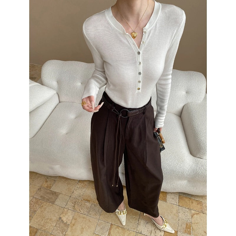 Damen Langarm-Henley-Shirt aus feinem Rippmaterial mit Knopfleiste Drune