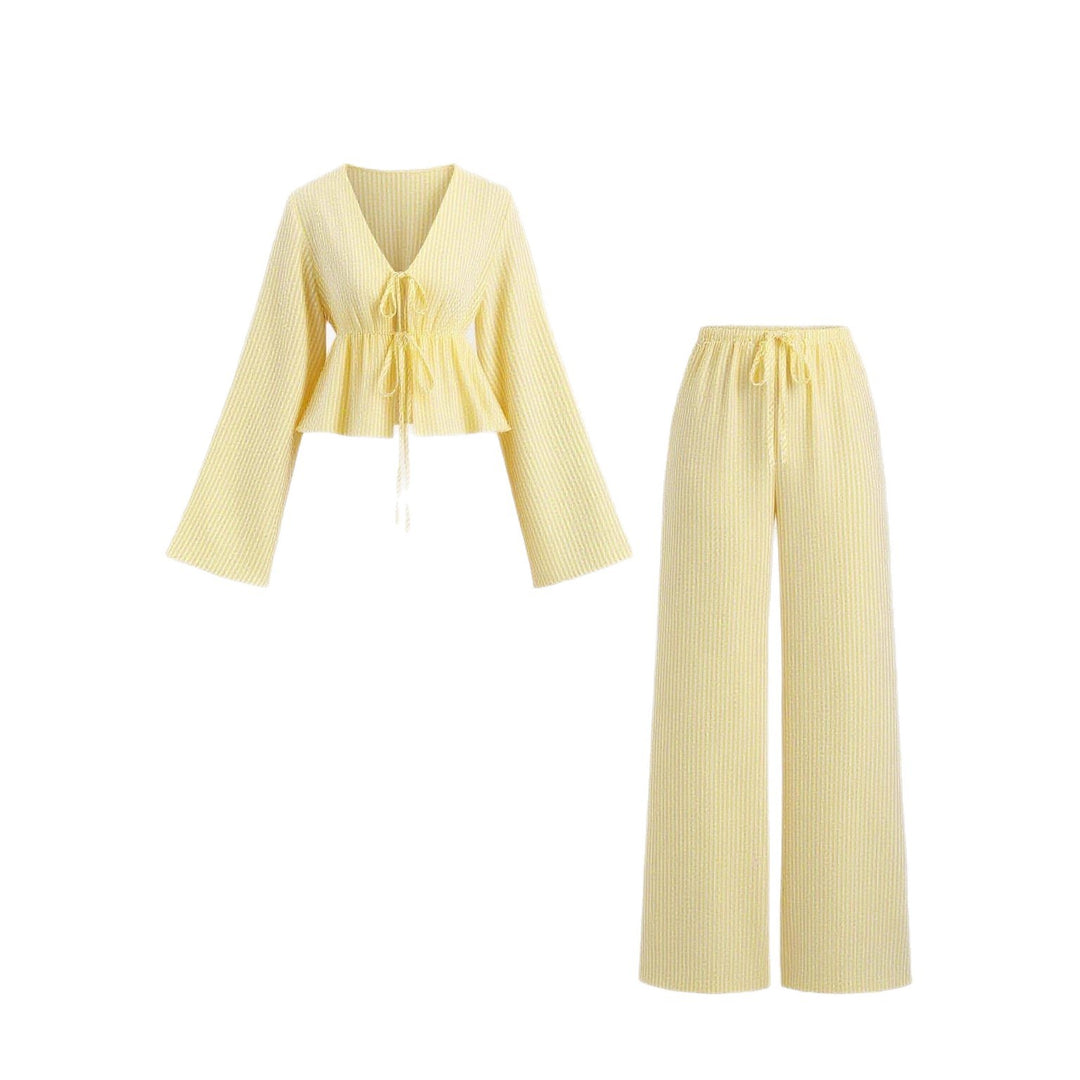Damen nan gestreiftes Leinenähnliches Homewear-Set mit gerafftem Tunnelzugoberteil und elastischer Bundhose Drune
