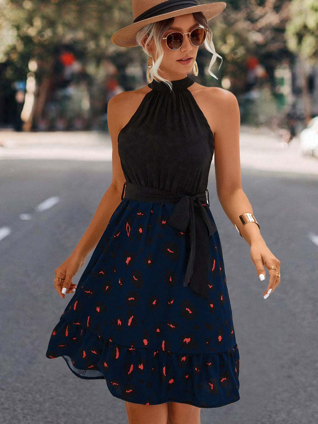 Damen Halterkleid mit voluminösem Rock und elegante Schleife Drune