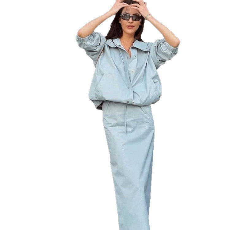 Damen Zweiteiliges Co-Ord-Set aus leichter Windjacke mit Tunnelzug und tailliertem Maxi-Rock Drune