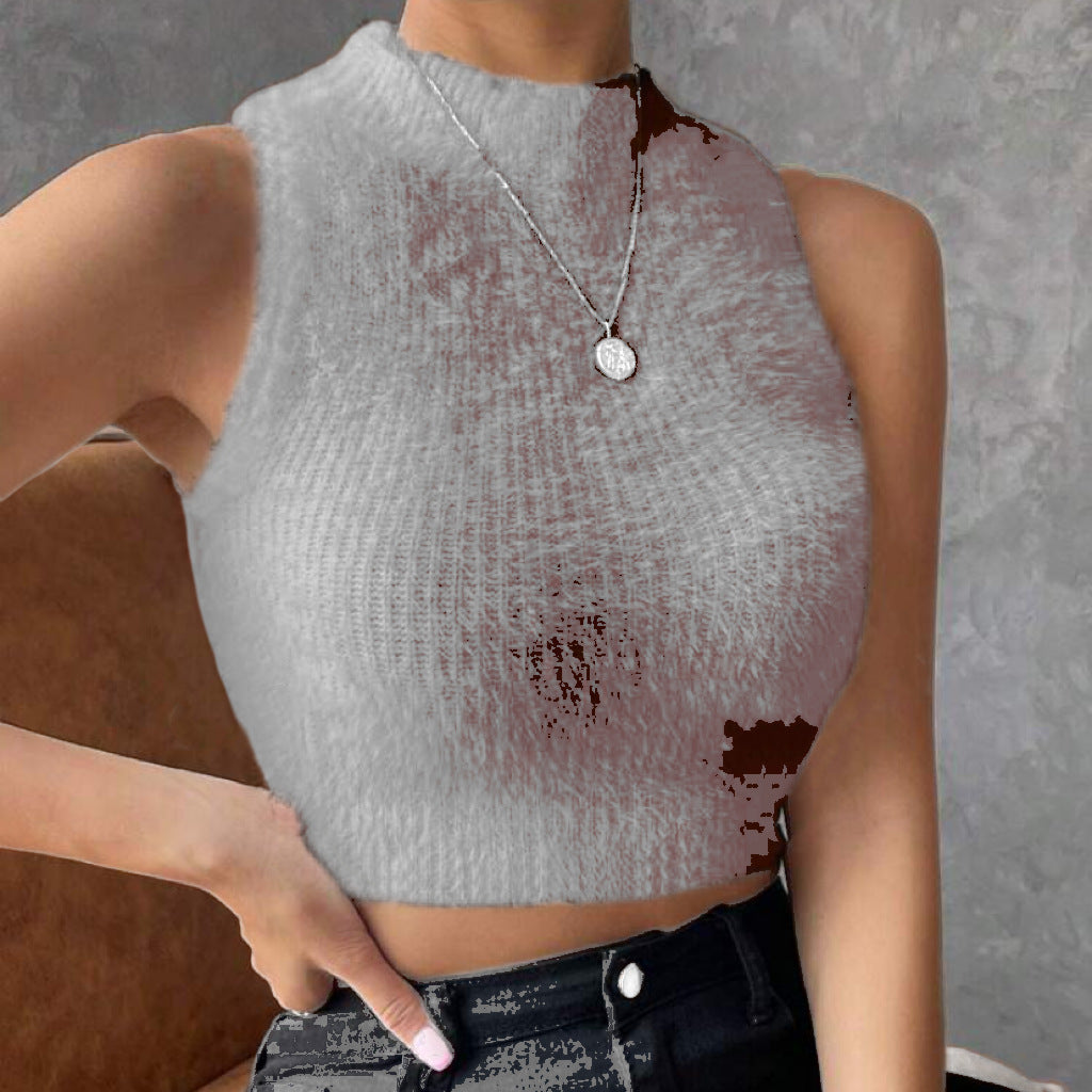 Damen Kurz geschnittenes ärmelloses geripptes Strick-Crop-Top mit Stehkragen Drune