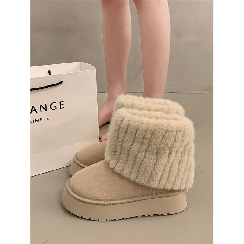 Damen Gefütterte Plateau-Ankle-Boots aus Veloursimitat mit umschlagbarem Kunstfellrand Drune