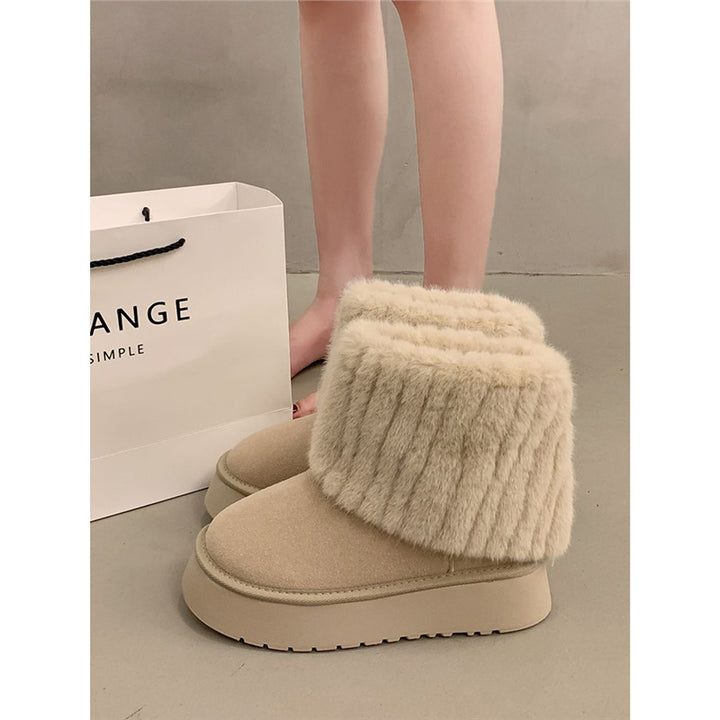 Damen Gefütterte Plateau-Ankle-Boots aus Veloursimitat mit umschlagbarem Kunstfellrand Drune