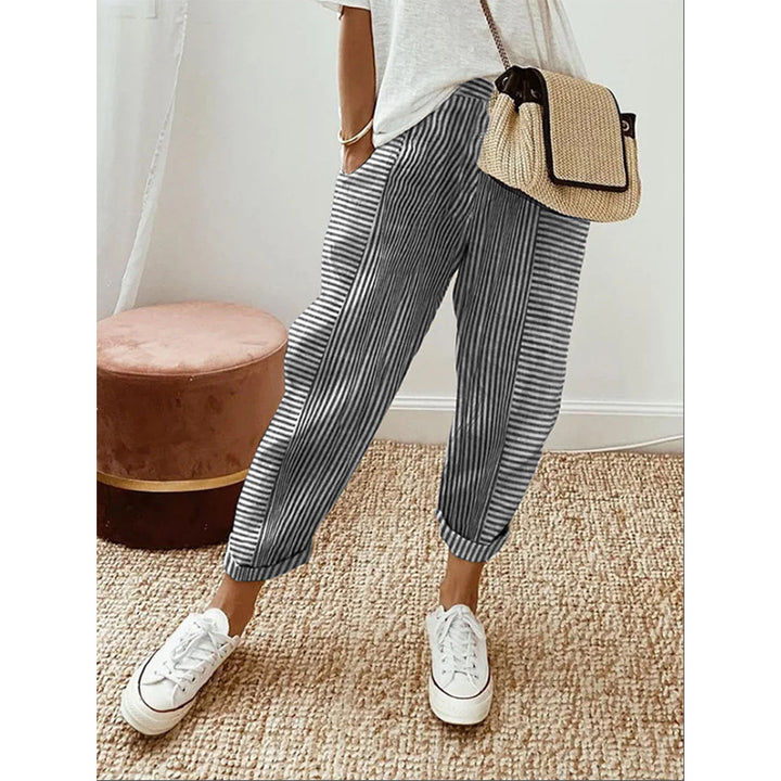 Damen Freizeit Leinenlook Hose mit Streifen, elastischem Bund und Saumabschluss Drune