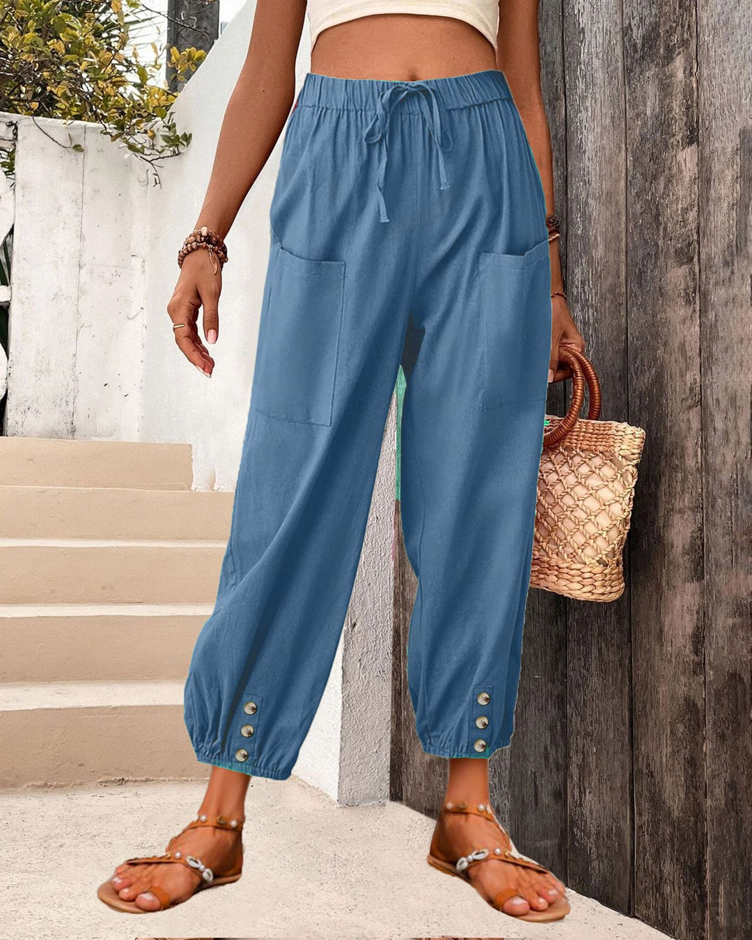 Damen Leinenlook Loungehosen mit hohem elastischem Taillenbund, Kordelzug, aufgesetzten Taschen und geknöpftem Saum Drune