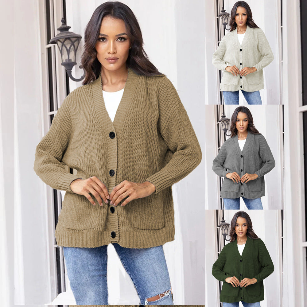 Damen modische Strickjacke mit durchgehendem Knopfverschluss und großen Taschen Drune