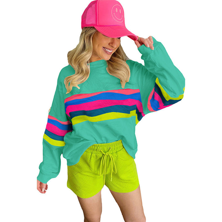 Damen lässiges Oversized-Sweatshirt mit bunten Streifen und tieferem Rundhalsausschnitt Drune