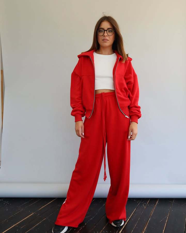 Damen lässiger Freizeit-Jogginganzug mit cropped Sweatjacke und weiten Hosen Drune