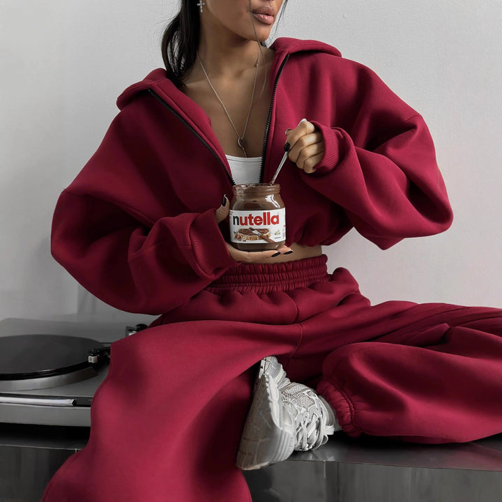 Damen kurzes Oversize-Scuba-Zip-Hoodie mit Tunnelzug und figurformender High-Waist-Jogginghose Drune