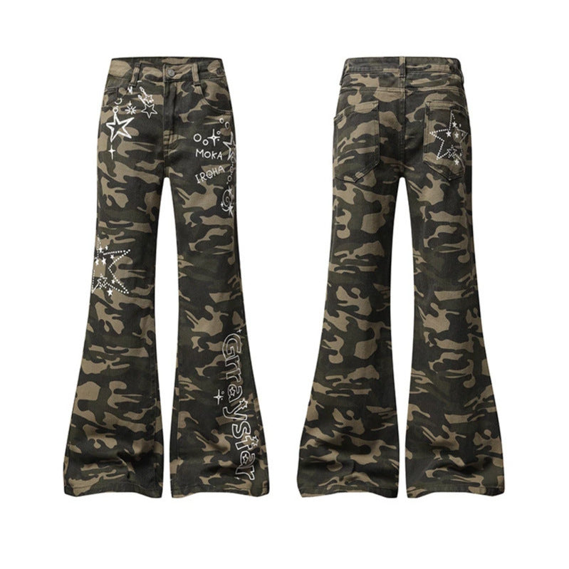 Damen Weite High‑Waist Palazzo‑Jeans im Camouflage‑Print mit Stern‑ und Schriftapplikationen, Schlaghose Drune