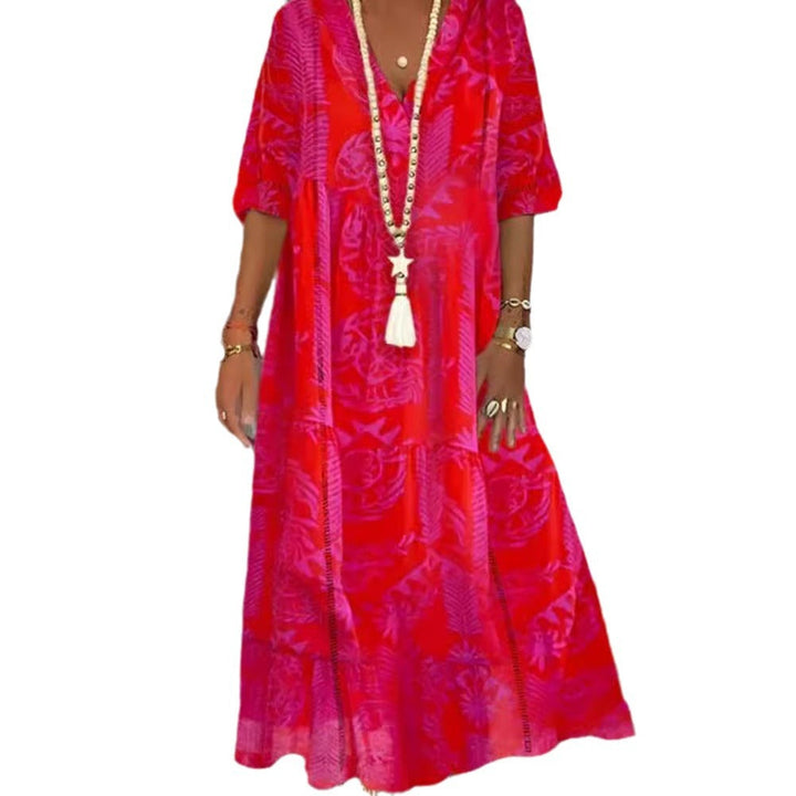 Damen elegantes Maxikleid mit floralen Motiven und V-Ausschnitt Drune