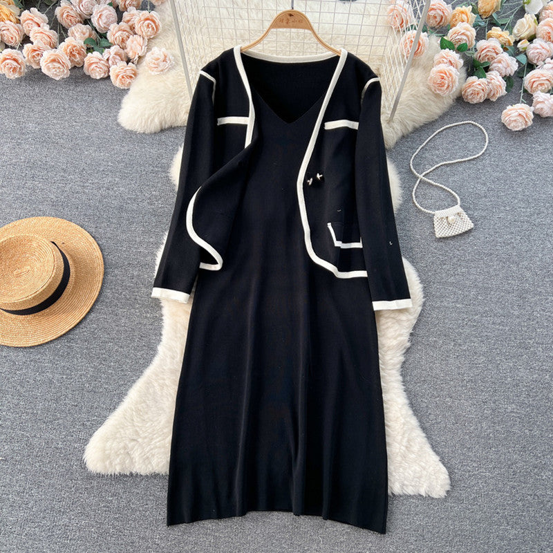 Damen elegantes Strickkleid mit passendem Blazer Drune
