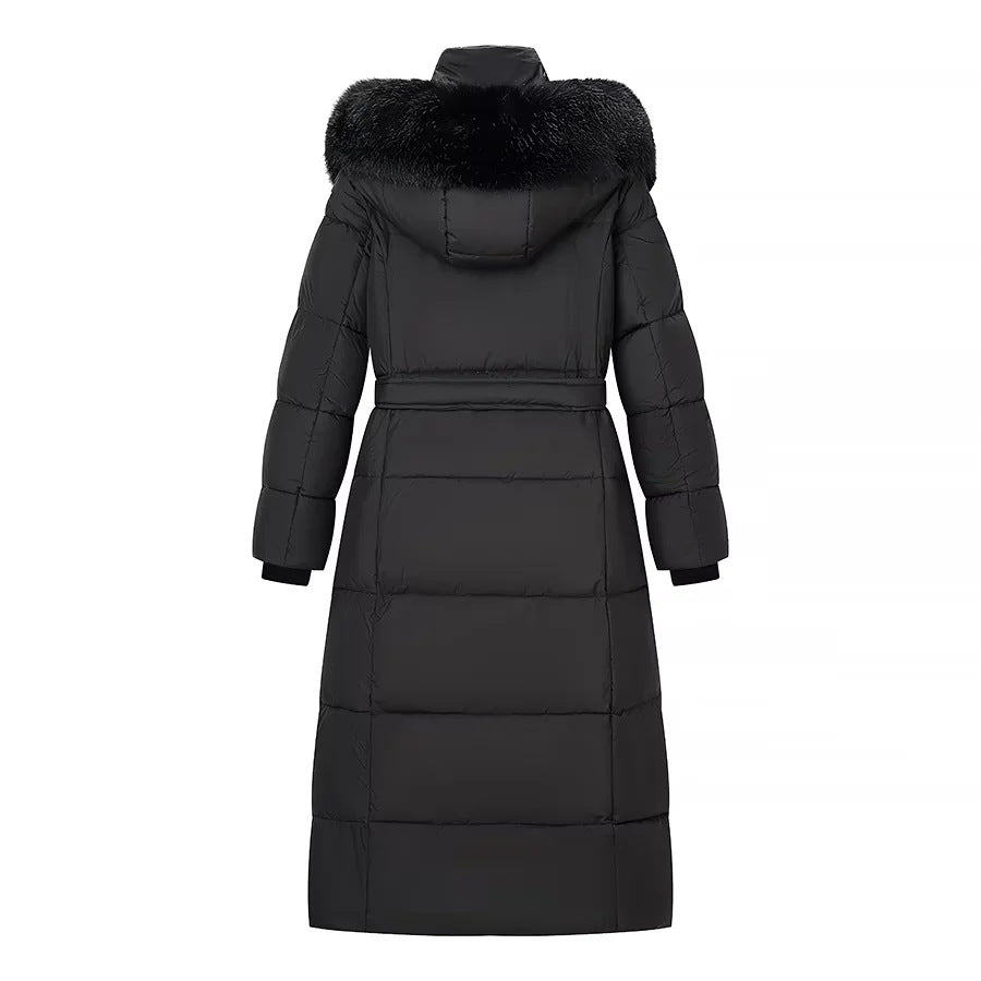 Damen nan lang geschnittener Thermosteppmantel mit separater Innenjacke, Kapuze und Bindegürtel Drune