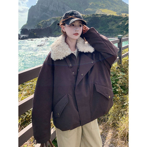 Damen Oversize-Kurzjacke mit Teddykragen und Pattentaschen Drune