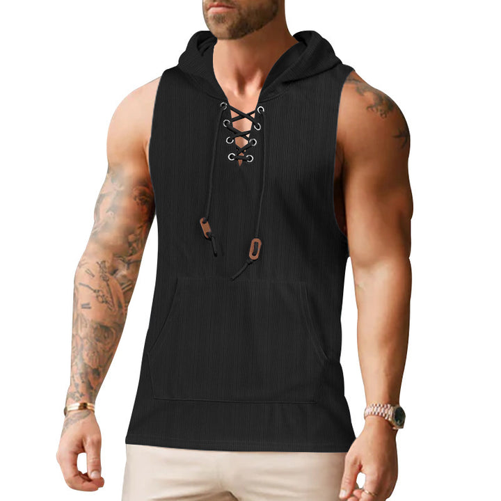 Herren ärmelloses Kapuzenshirt mit leichtem Strukturdesign und praktischen Schnürdetails Drune