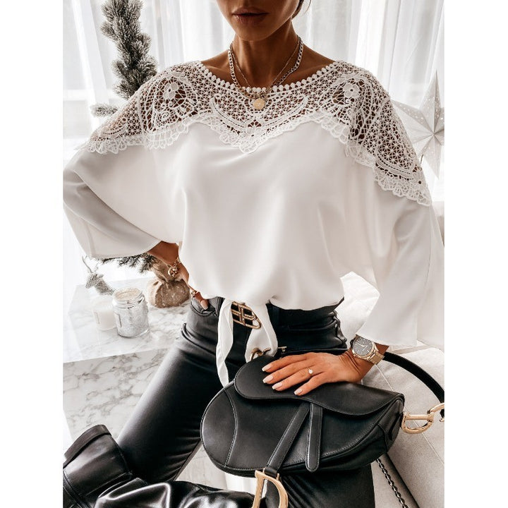 Damen nan elegante Spitzenbluse mit Bindeschleife und überschnittenen Ärmeln Drune