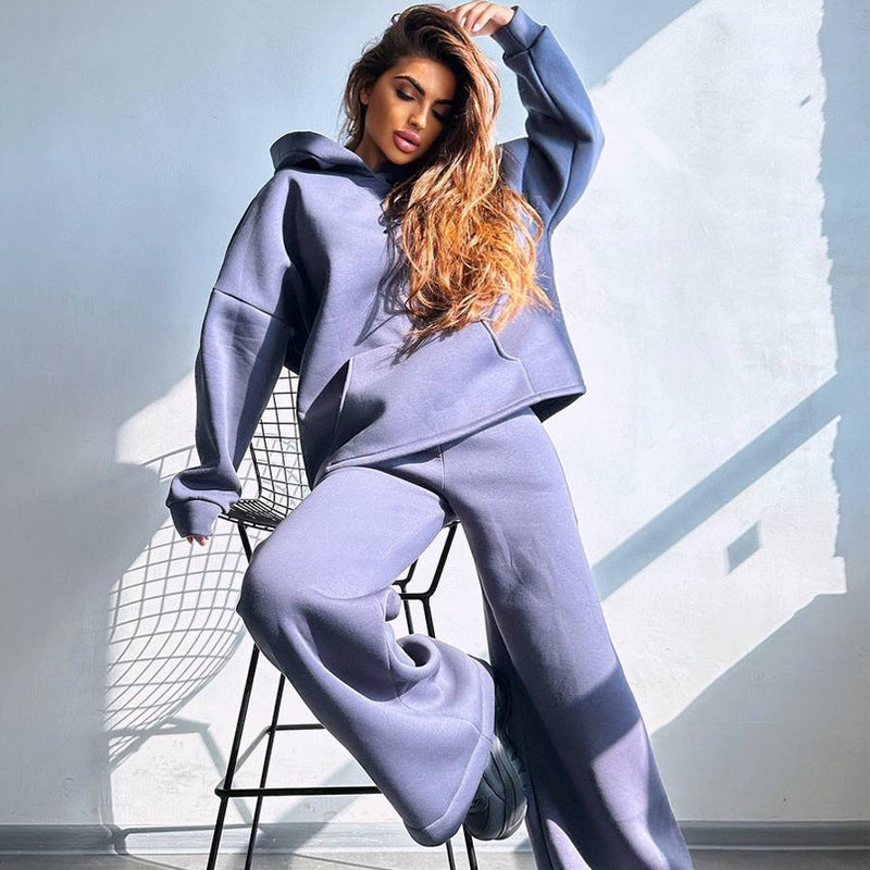 Damen Scuba-Fleece Lounge-Set mit Oversize-Kapuzenpullover und weiter Flare-Hose Drune