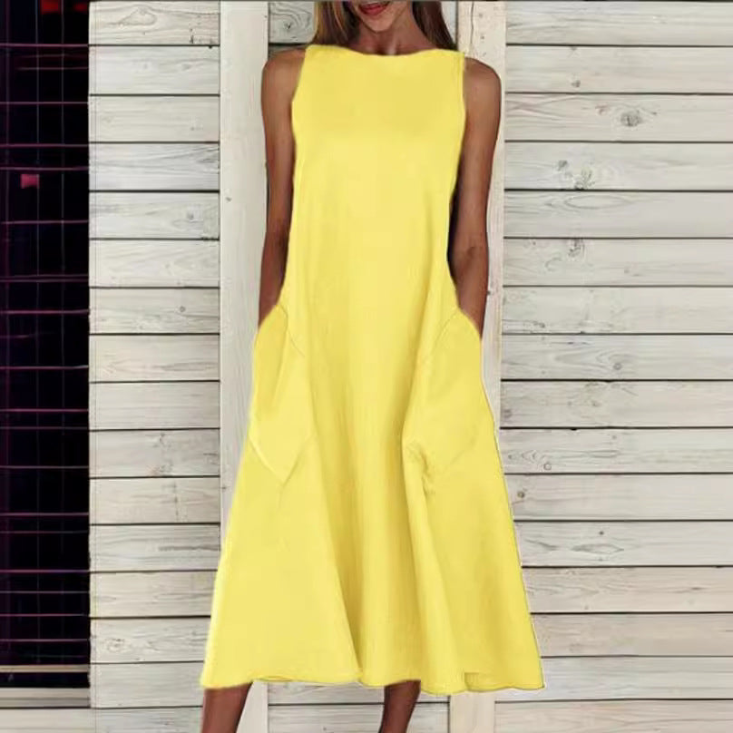 Damen lässiges Midi-Kleid mit tiefem Ausschnitt und praktischen Taschen Drune