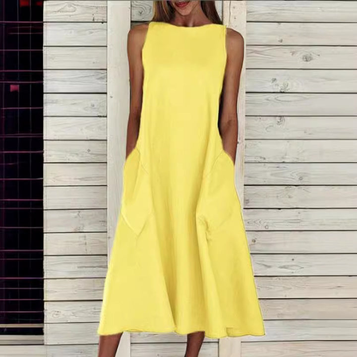 Damen lässiges Midi-Kleid mit tiefem Ausschnitt und praktischen Taschen Drune