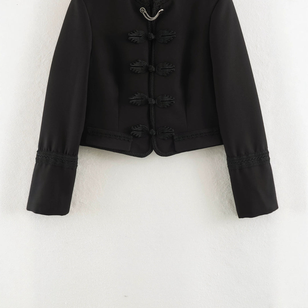 Damen Kurzblouson im Militärstil mit Mandarinkragen, Zierknoten und Epauletten Drune