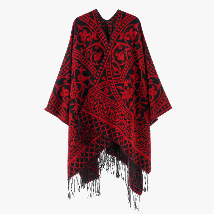 Damen Jacquard-Überwurf mit orientalischem Ornamentmuster und Fransensaum Drune