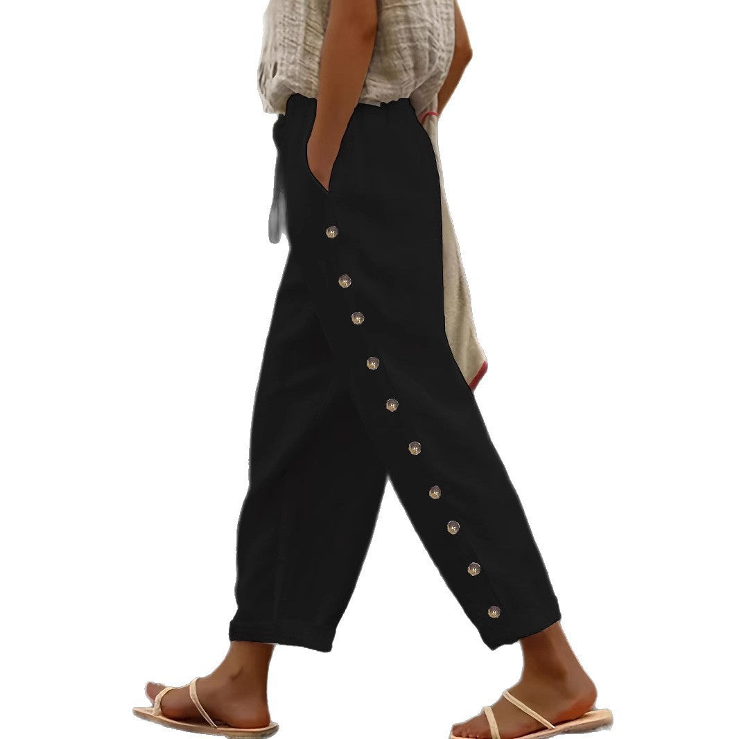 Damen Leichte Leinenhose mit hoher Taille, Kordelzug und seitlicher Druckknopf-Detailierung Drune