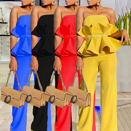 Damen Jumpsuit mit voluminösem Rüschendesign und schulterfreiem Oberteil Drune