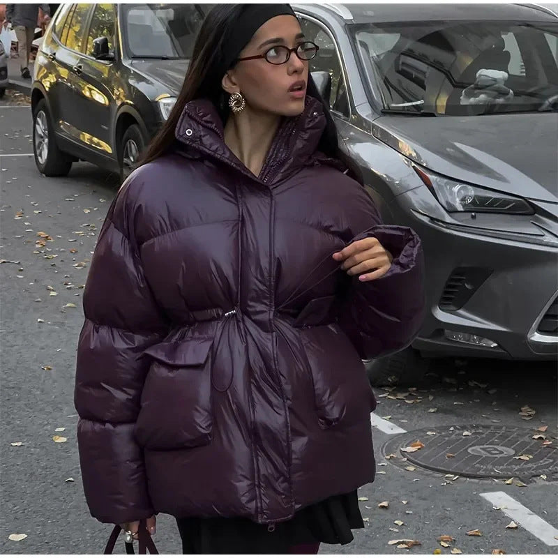 Damen modische oversized Daunenjacke mit Taillengürtel und seitlichen Taschen Drune