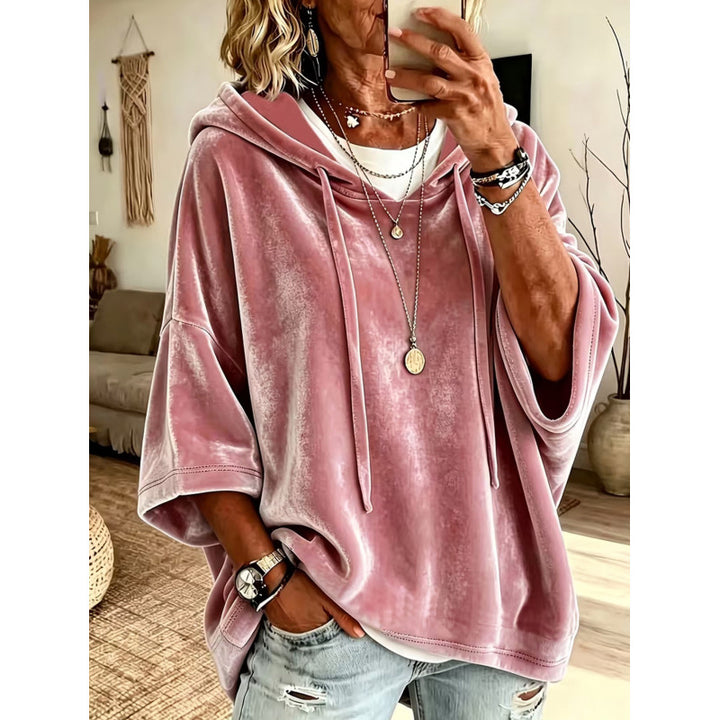 Damen Luxuriöser Samt-Hoodie mit Kimono-Kurzärmeln und Tunnelzug Drune