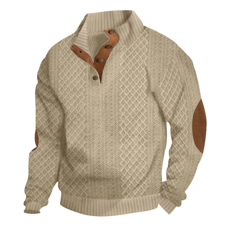 Herren nan grobstrickpullover mit Stehkragen, Knopfleiste und Ellbogenpatches Drune