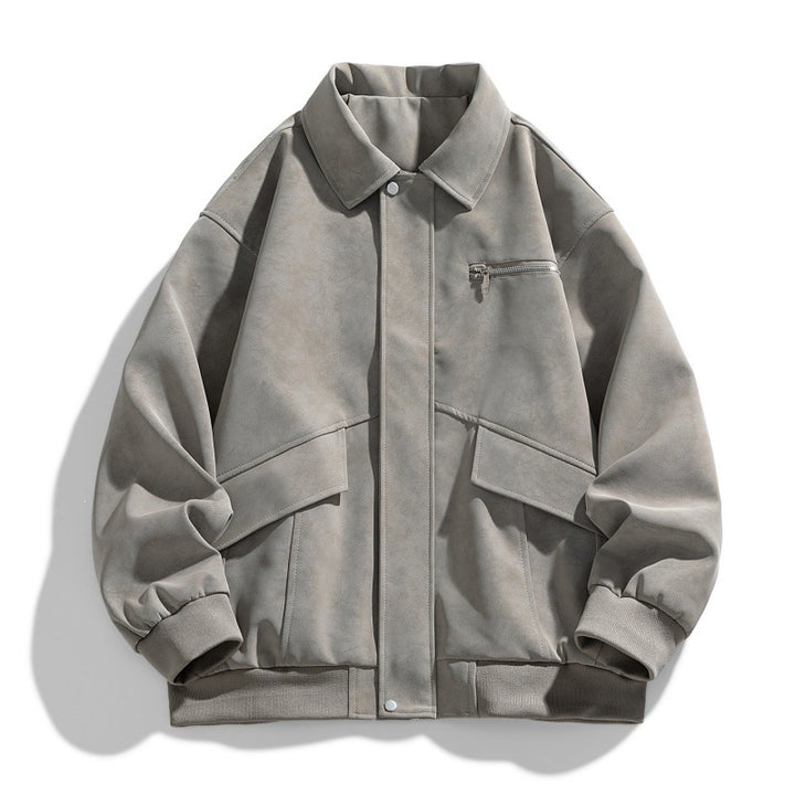 Herren Oversize Bomberjacke im Veloursleder‑Look mit Brustreißverschluss & Pattentaschen Drune