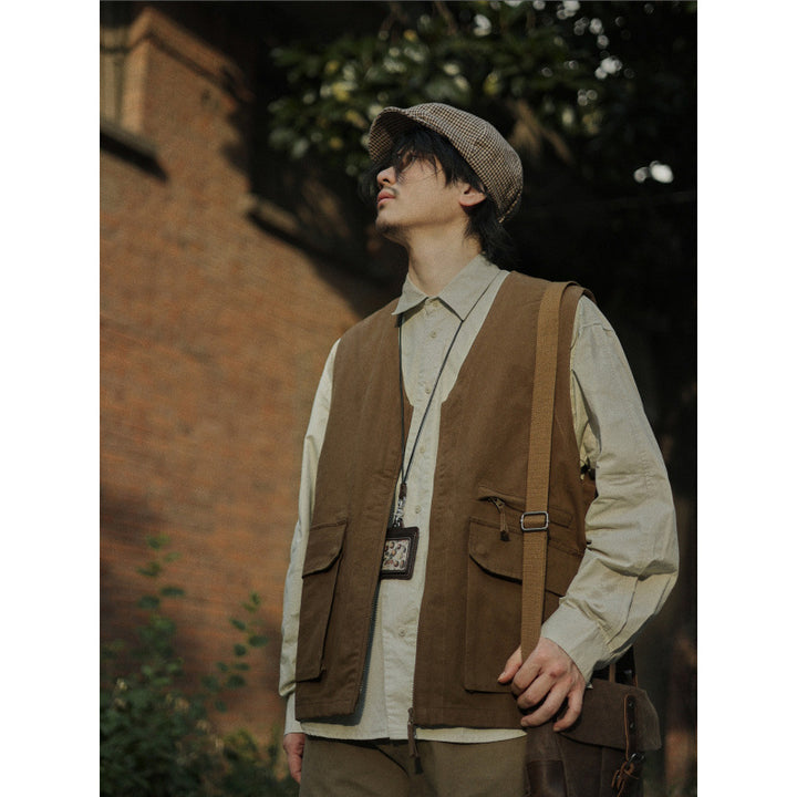 Herren Multifunktionale Canvas-Utility-Weste mit Fronttaschen und Reißverschluss Drune
