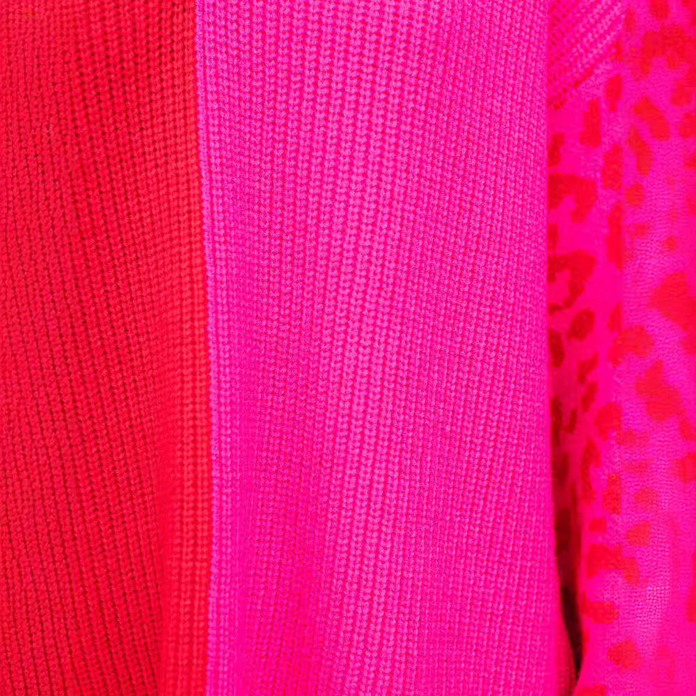 Damen farbenfroher Pullover im modischen Blockfarben-Design mit Leopardenmuster Drune