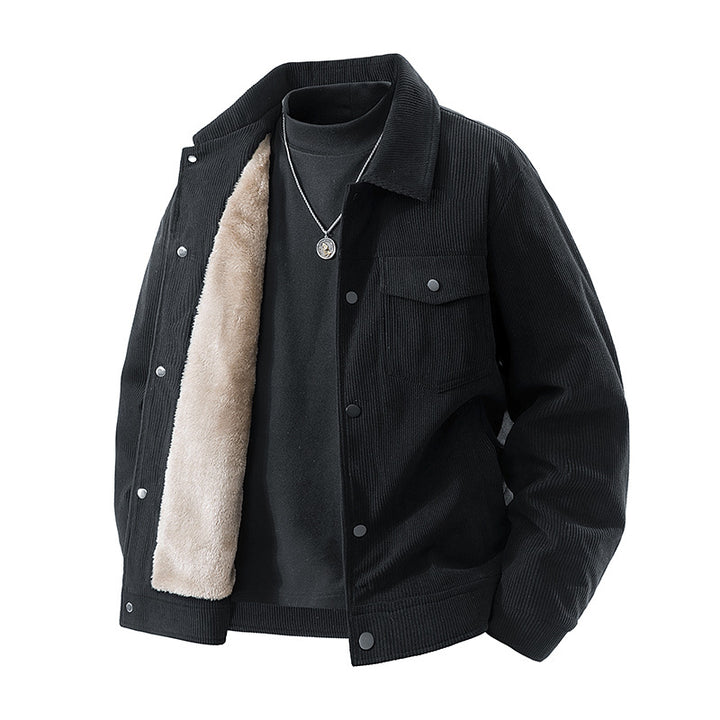 Männliche -Cord-Jacke mit Kunstschafsleder-Futter und Druckknopfverschluss Drune