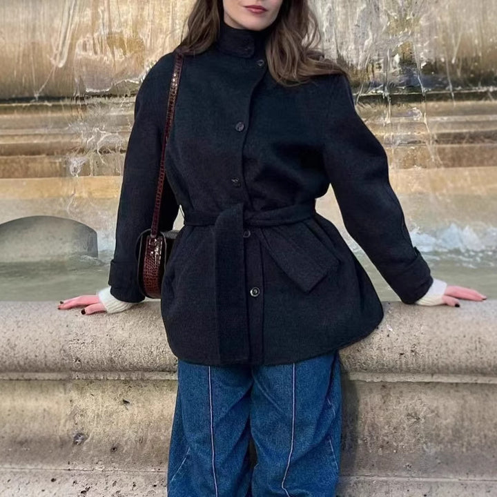 Damen Modische Wolljacke mit taillierbarem Gürtel und steigendem Kragen Drune